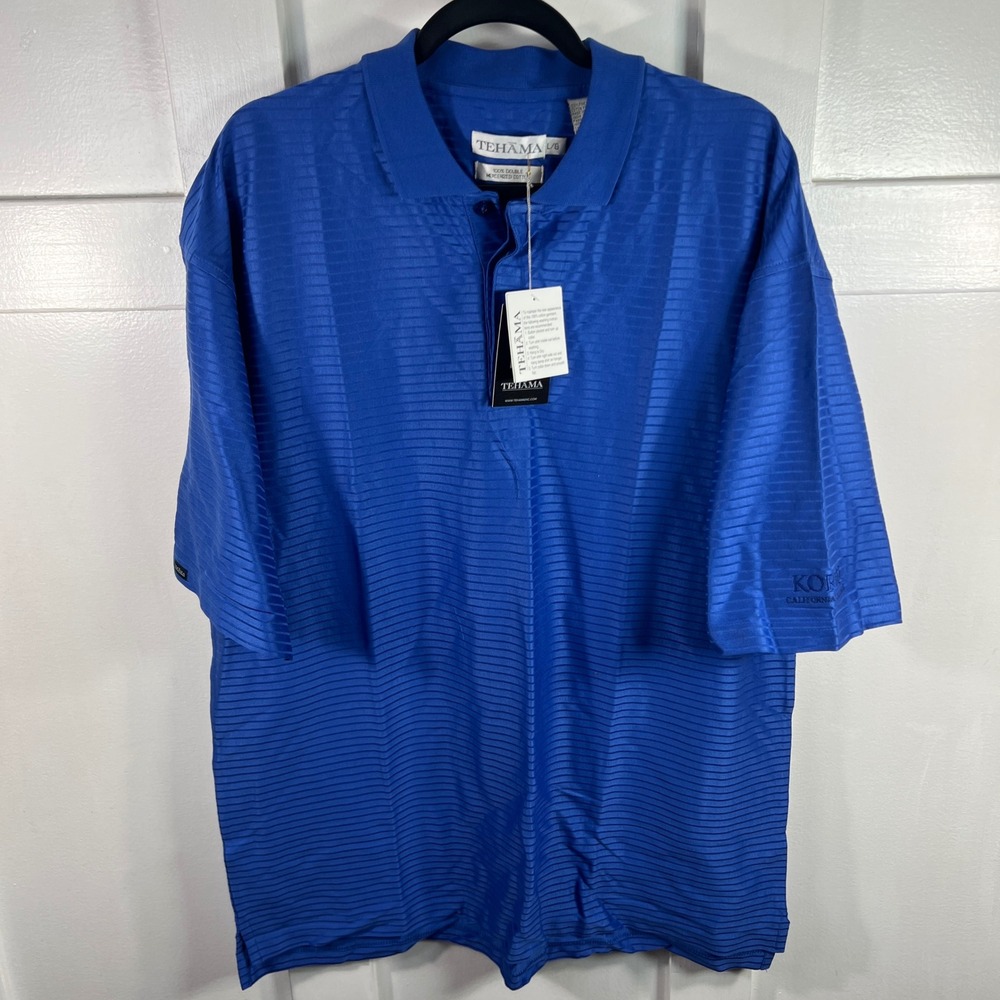 Tehama Lapis Blue‎ Mercerized Cotton Striped Polo Golf Shirt Large Mens NWT